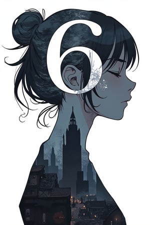 masterpiece, ultra detailed, HD, 
1girl, solo, Anime style, Japanese anime, cel shading, 

silhouette of a woman in profile (looking to the right side). Inside the silhouette you can see the double exposure with a large number 6, closed eyes, masterpiece, ((double exposure)), proportional.,DOUBLE EXPOSURE,Ink art,

Anime Style