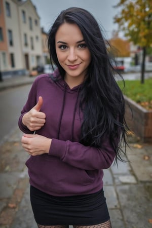 photo, realistic, Film still, raw photo, 4k photoportrait, tall, slim, 19yo, masterpiece german female, full lips, freckles, (very long jetblack hair), (thumbs up:1.2) , long purple hoodie, skirt , black pantyhose with stripe texture, flat shoes, outdoors, cheerful female,  town, rainy evening, water drips,  edge detection, (insane details:1.4)