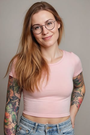 Photograph of a 30yo nordic woman with very long hair.
She has a cute round face, wears glasses and smiles.
She wears a tight fitted short-sleeved t-shirt made from smooth stretch fabric that clings to her slender and fit body.
Her left arm is covered in a detailed tattoo sleeve that shows vines in intense vibrant colors. 