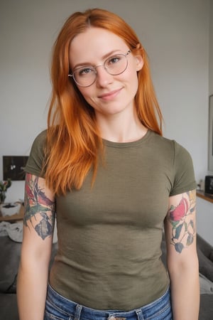 Photograph of a 30yo nordic woman with very long vibrant copper hair.
She has a cute round face, wears glasses and smiles.
She wears a tight fitted short-sleeved t-shirt made from smooth stretch fabric that clings to her slender and fit body.
Her left arm is covered in a tattoo sleeve that shows vines in intense vibrant colors and Details. 