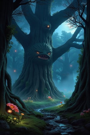 fantasy forest, giant trees, flying flowers, fantastic things, spooky, horror, plants, bugs, light filtered through the trees, leaves, paths, river, enchanted, night, moon, moonlight, lights floating in the air, trees that look like they have faces (((Masterpiece))),landscape