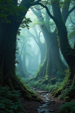 Fantasy forest, giant trees, flying flowers, fantastic things, spooky, horror, plants, bugs, light filtered through the trees, leaves, paths, river, enchanted (((Masterpiece))),noc-landscape