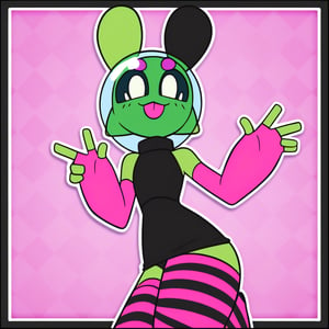 A 1girl solo character with colored skin, smiling and looking at the viewer with an open mouth and tongue. She wears thighhighs, elbow gloves, and fingerless gloves, all in pink. She has antennae and is framed in a border. The scene is brightly lit, capturing her playful expression and detailed accessories.