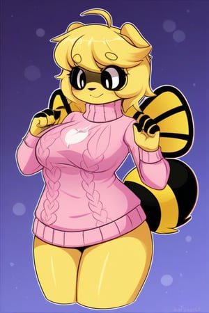 A female bumblebee furry anthro wearing a pink tightknit sweater.