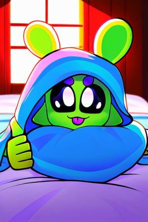 A cute humanoid alien sitting in bed, blanket wrapped around body, looking at viewer curiously, sticking out tongue playfully, sun peeking through window.