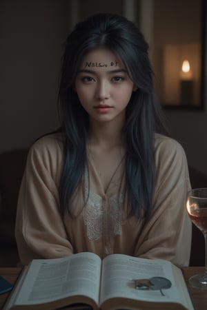 "A high-detail, 8K HDR photorealistic portrait of an 18-year-old Japanese woman with slightly tousled, long hair that is a deep shade of blue, with her ears covered by her hair. She is sitting beside a study desk in a dimly lit room, creating an intimate and moody nighttime atmosphere. The desk is adorned with various items, including a few open books, a lit candle that casts a soft, flickering glow, and a glass of wine, adding a sophisticated yet relaxed ambiance to the scene. Written across her forehead is the name 'Natsumi' in a clean, black script. On her right and left cheeks, there are small black heart symbols, one on each side, subtly illuminated by the candlelight. She is dressed in elegant sleepwear, such as a silk robe or a delicate nightgown, with an expression that is calm and introspective, reflecting the quiet, late-night setting. The room's minimal lighting creates deep shadows and highlights, emphasizing the peaceful, contemplative mood of the scene, with the soft light from the candle gently illuminating her face and the surrounding objects on the desk."