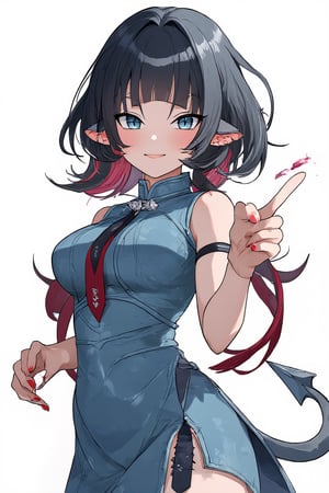 masterpiece, ultra detailed, HD, 

1girl, solo, Anime style, thick outline, blush, short hair, bangs, blue eyes, black hair, low ponytail, red low ponytail, animal ears, multicolored hair, gray demon tail, demon tail with pointed tip, nail polish, red nails, white background,

Blue cheongsam dress, Blue Mandarin dress, 

dynamic pose