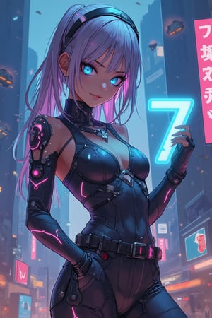 masterpiece, ultra detailed, HD, 
1girl, solo, Anime style, Japanese anime, cel shading, 

A futuristic cyberpunk girl with neon-colored hair, standing confidently in a bustling night cityscape. She wears a sleek, high-tech bodysuit with glowing circuit patterns. Her eyes are enhanced with cybernetic implants, emitting a soft blue light. In one hand, she holds a glowing neon number '7', while her other hand is casually tucked into her pocket. Holographic displays float around her, showing data streams. The background features towering skyscrapers with vibrant neon signs and flying vehicles. Highly detailed, dynamic lighting, photorealistic style., 

Anime Style