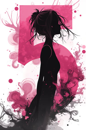 masterpiece, ultra detailed, HD, 
1girl, solo, Anime style, Japanese anime, cel shading, 

((silhouette), A solid black silhouette of active woman, 20 years old, silhouette of large number 5, pink and black ink bubbles in background, looking at viewer, ink rain, stunning image, ink smoke, digital art, professional style, ink droplets, attractive image. Ink art style.,

Anime Style