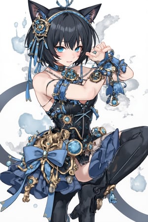 masterpiece, ultra detailed, HD, 

1girl, solo, Anime style, thick outline, blush, white background,short hair, bangs, blue eyes, crystal eyes, black hair, cat pose, 

steampunk outfit, 

Anime Style