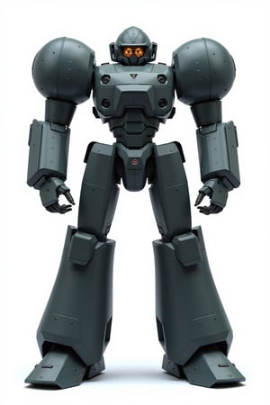 Full body image of Robotech battledroid with dark grey armour, very detailed armour plating, Its rounded helmet like head and large rounded shoulders, Facing the camera, Standing on a plain white background, very elaborate and detailed, very fine details, very contrasted shadows, overhead lighting,MECH,COMBAT ARMOR