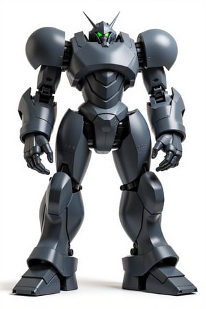 Full body image of Robotech battledroid in its humanoid form with dark grey armour, Its rounded helmet like head and large rounded shoulders, Facing the camera, Standing on a plain white background, very elaborate and detailed, very fine details, very contrasted shadows, overhead lighting,MECH,COMBAT ARMOR