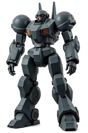 Full body image of Robotech battledroid with dark grey armour, very detailed armour plating, Its rounded helmet like head and large rounded shoulders, Facing the camera, Standing on a plain white background, very elaborate and detailed, very fine details, very contrasted shadows, overhead lighting,MECH,COMBAT ARMOR