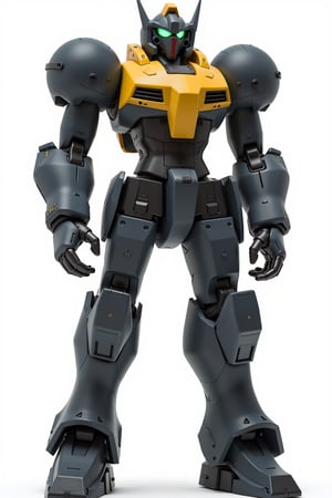 Full body image of Macross battledroid in its humanoid form with dark grey, yellow and black colors, Its rounded helmet like head and large rounded shoulders, Facing the camera, Standing on a plain white background, very elaborate and detailed, very fine details, very contrasted shadows, overhead lighting,MECH,COMBAT ARMOR