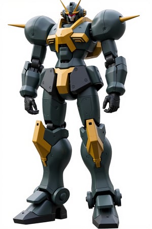 Full body image of Macross battledroid in its humanoid form with dark grey, yellow and black colors, Its rounded helmet like head and large rounded shoulders, Facing the camera, Standing on a plain white background, very elaborate and detailed, very fine details, very contrasted shadows, overhead lighting,MECH,COMBAT ARMOR