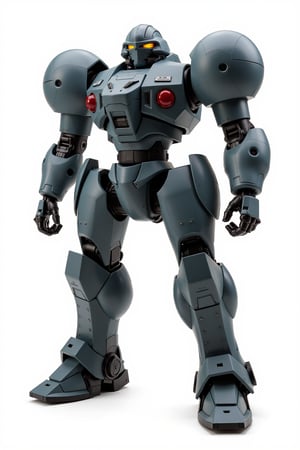 Full body image of Robotech battledroid with dark grey armour, very detailed armour plating, Its rounded helmet like head and large rounded shoulders, Facing the camera, Standing on a plain white background, very elaborate and detailed, very fine details, very contrasted shadows, overhead lighting,MECH,COMBAT ARMOR