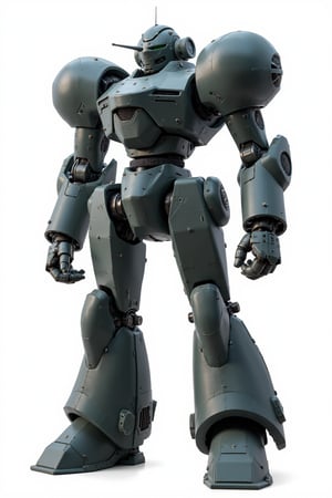 Full body image of Robotech battledroid with dark grey armour, very detailed metal armour plating, Its rounded helmet like head and large rounded shoulders, Facing the camera, Standing on a plain white background, very elaborate and detailed, very fine details, very contrasted shadows, overhead lighting,MECH,COMBAT ARMOR