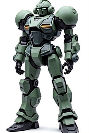 Full body image of Robotech battledroid in its humanoid form with dark grey, green and black colors, Its rounded helmet like head and large rounded shoulders, Facing the camera, Standing on a plain white background, very elaborate and detailed, very fine details, very contrasted shadows, overhead lighting,MECH,COMBAT ARMOR