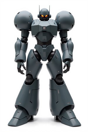 Full body image of Robotech battledroid in its humanoid form with dark grey armour, Its rounded helmet like head and large rounded shoulders, Facing the camera, Standing on a plain white background, very elaborate and detailed, very fine details, very contrasted shadows, overhead lighting,MECH,COMBAT ARMOR