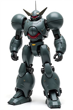 Full body image of Robotech battledroid with dark grey armour, very detailed armour plating, Its rounded helmet like head and large rounded shoulders, Facing the camera, Standing on a plain white background, very elaborate and detailed, very fine details, very contrasted shadows, overhead lighting,MECH,COMBAT ARMOR