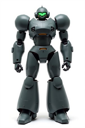 Full body image of Robotech battledroid in its humanoid form with dark grey armour, Its rounded helmet like head and large rounded shoulders, Facing the camera, Standing on a plain white background, very elaborate and detailed, very fine details, very contrasted shadows, overhead lighting,MECH,COMBAT ARMOR