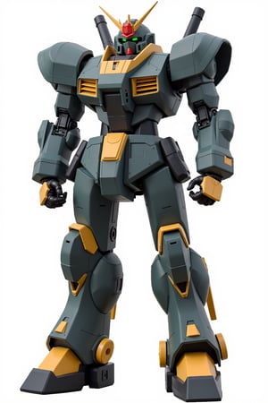 Full body image of Macross battledroid in its humanoid form with dark grey, yellow and black colors, Its rounded helmet like head and large rounded shoulders, Facing the camera, Standing on a plain white background, very elaborate and detailed, very fine details, very contrasted shadows, overhead lighting,MECH,COMBAT ARMOR