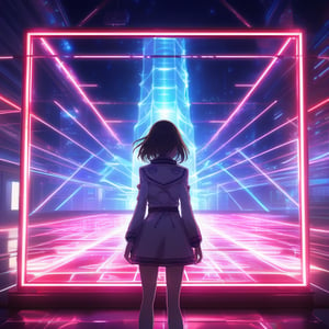 A mesmerizing space neon laser show, projecting the full growth of a girl, Akane Kurokawa, in an anime style, emerging from intricate laser beams. The scene is framed wide, capturing the dazzling display of neon lights and the detailed drawing of Akane with soft, glowing eyes. The lighting is vibrant and dynamic, enhancing the futuristic atmosphere. The composition highlights the intricate laser patterns and the lifelike projection of Akane, rendered in 8k detail.