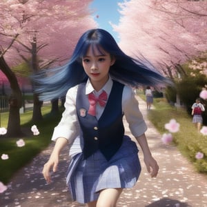 Capture the dynamic moment when Akane Kurokawa, donning a realistic and raw school uniform with striking blue hair, bursts into a sprint across the picturesque Cherry Blossom Garden. Amidst the fluttering butterflies and radiant bright sky, her gaze locks directly onto the viewer's, radiating an intense beauty through her stunning eyes. Ultra-high definition brings every detail to life, from the gentle petals of the blooming trees to the delicate features of Akane's determined expression.