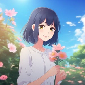 A young anime woman standing outdoors, holding a delicate flower in her hand, with a serene expression on her face. The background features a lush garden with blooming flowers and a clear blue sky. The scene is framed mid-shot, capturing her gentle smile and the vibrant colors of the surroundings. Soft natural lighting enhances the peaceful atmosphere.