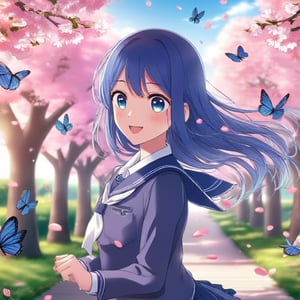 Akane Kurokawa, an anime girl with blue hair, wearing a school uniform, running through a Cherry Blossom Garden with butterflies fluttering around her. The scene is framed mid-shot, capturing her beautiful eyes looking directly at the viewer, filled with determination and wonder. The bright sky above contrasts with the delicate pink blossoms, creating a vibrant and ultra-detailed background. Her school uniform and blue hair are meticulously detailed, and the garden is alive with the motion of butterflies and falling petals. The lighting is soft and natural, enhancing the serene and picturesque atmosphere.