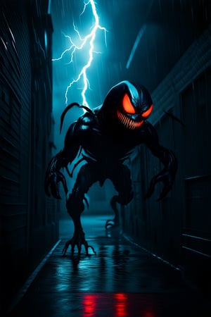 A dark alleyway, illuminated only by flashes of lightning, sets the ominous tone for this eerie scene. Venom, the sinister symbiote, emerges from the shadows, its glowing red eyes piercing through the gloom. Sharp teeth gleaming with malevolent intent, it surveys its surroundings with calculating precision. The wind howls and rain lashes down, amplifying the sense of foreboding as the creature basks in the darkness.