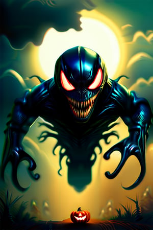 "A photorealistic image of Venom, the symbiote, with glowing red eyes and sharp teeth, lurking in the shadows on a dark and stormy Halloween night, painted in a classic oil painting style."