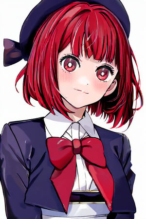 Portrait realistic, Arima Kana, a bright-eyed and blushing beauty, gazes directly at the viewer with a subtle smile. Her short, blunt-cut red locks are styled with bangs framing her heart-shaped face. She wears a school uniform featuring a collared shirt, long sleeves, and a pleated skirt under an open jacket. A white vest peeks out from beneath the jacket, showcasing her toned upper body. A black bow adorns her hat, complemented by a red bow tie around her neck. Her eyes gleam with a fiery intensity, as if daring anyone to approach.