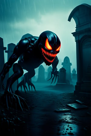 A hauntingly detailed image of Venom, its eerie glowing red eyes piercing through the darkness, its razor-sharp teeth glinting menacingly as it lurks in the ominous shadows of a crumbling mausoleum. Behind it, a weathered graveyard stretches out into the torrential rain-soaked night, tombstones and gravestones shrouded in mist, casting long, foreboding silhouettes.