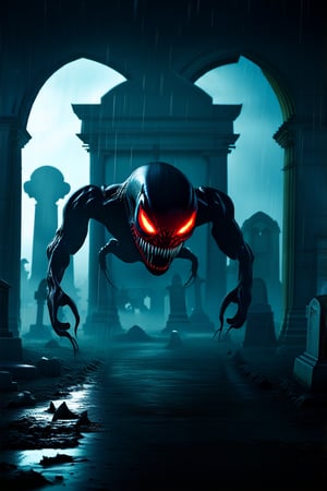 A hauntingly detailed image of Venom, its eerie glowing red eyes piercing through the darkness, its razor-sharp teeth glinting menacingly as it lurks in the ominous shadows of a crumbling mausoleum. Behind it, a weathered graveyard stretches out into the torrential rain-soaked night, tombstones and gravestones shrouded in mist, casting long, foreboding silhouettes.