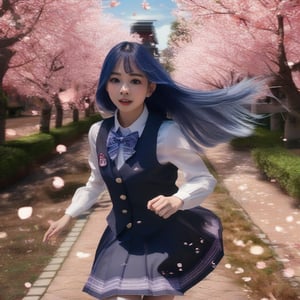 Capture the dynamic moment when Akane Kurokawa, donning a realistic and raw school uniform with striking blue hair, bursts into a sprint across the picturesque Cherry Blossom Garden. Amidst the fluttering butterflies and radiant bright sky, her gaze locks directly onto the viewer's, radiating an intense beauty through her stunning eyes. Ultra-high definition brings every detail to life, from the gentle petals of the blooming trees to the delicate features of Akane's determined expression.