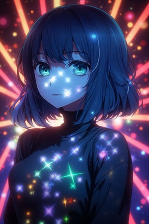 A 1girl solo portrait of Akane Kurokawa, with short blue hair and green eyes, in an anime style. She is projected in full growth from laser beams in a space neon laser show. The background is a vibrant, colorful laser show with soft eye lighting. The framing is full body, focusing on her growth and projection. The lighting is dynamic and neon, highlighting the laser beams. The resolution is 8k, capturing intricate details.