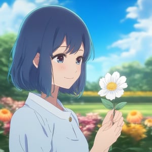 A young anime woman standing outdoors, holding a delicate flower in her hand, with a serene expression on her face. The background features a lush garden with blooming flowers and a clear blue sky. The scene is framed mid-shot, capturing her gentle smile and the vibrant colors of the surroundings. Soft natural lighting enhances the peaceful atmosphere.