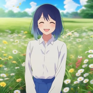 Akane Kurokawa, an anime girl wearing a white long shirt and blue skirt, standing happily on a grassy meadow filled with weeds and flowers. She smiles warmly, with a joyful expression, framed mid-shot to capture her cheerful demeanor and the vibrant surroundings. The background features a field of blooming weeds and flowers, with a soft, natural light enhancing the serene atmosphere. The composition highlights her outfit and the picturesque meadow.