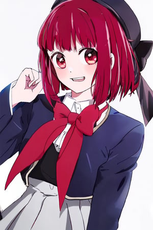 Arima Kana, a bright-eyed and blushing beauty, gazes directly at the viewer with a subtle smile. Her short, blunt-cut red locks are styled with bangs framing her heart-shaped face. She wears a school uniform featuring a collared shirt, long sleeves, and a pleated skirt under an open jacket. A white vest peeks out from beneath the jacket, showcasing her toned upper body. A black bow adorns her hat, complemented by a red bow tie around her neck. Her eyes gleam with a fiery intensity, as if daring anyone to approach.