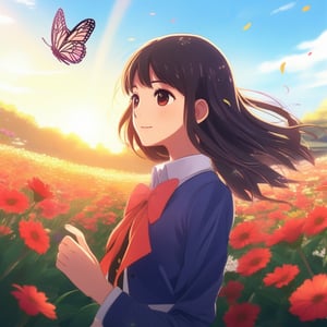 Anime style, a young woman in a school girl uniform stands in a vibrant flower field, sunlight filtering through the petals creating a soft glow. A butterfly gracefully flies nearby, adding a touch of whimsy. The composition is centered, with the woman looking slightly upwards, her expression serene. The background is filled with a variety of colorful flowers, enhancing the outdoor setting.