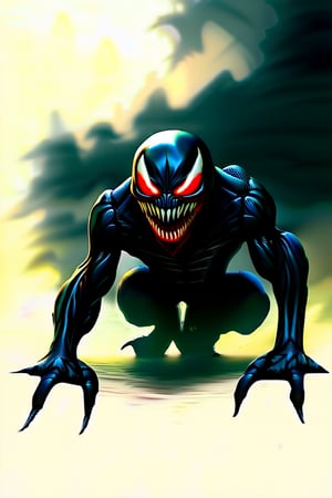 "A photorealistic image of Venom, the symbiote, with glowing red eyes and sharp teeth, lurking in the shadows on a dark and stormy Halloween night, painted in a classic oil painting style."