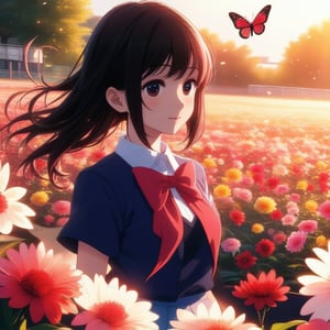 Anime style, a young woman in a school girl uniform stands in a vibrant flower field, sunlight filtering through the petals creating a soft glow. A butterfly gracefully flies nearby, adding a touch of whimsy. The composition is centered, with the woman looking slightly upwards, her expression serene. The background is filled with a variety of colorful flowers, enhancing the outdoor setting.