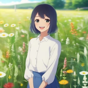 Akane Kurokawa, an anime girl wearing a white long shirt and blue skirt, standing happily on a grassy meadow filled with weeds and flowers. She smiles warmly, with a joyful expression, framed mid-shot to capture her cheerful demeanor and the vibrant surroundings. The background features a field of blooming weeds and flowers, with a soft, natural light enhancing the serene atmosphere. The composition highlights her outfit and the picturesque meadow.