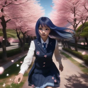 Capture the dynamic moment when Akane Kurokawa, donning a realistic and raw school uniform with striking blue hair, bursts into a sprint across the picturesque Cherry Blossom Garden. Amidst the fluttering butterflies and radiant bright sky, her gaze locks directly onto the viewer's, radiating an intense beauty through her stunning eyes. Ultra-high definition brings every detail to life, from the gentle petals of the blooming trees to the delicate features of Akane's determined expression.