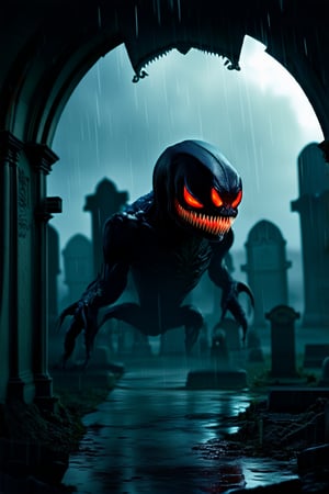 A hauntingly detailed image of Venom, its eerie glowing red eyes piercing through the darkness, its razor-sharp teeth glinting menacingly as it lurks in the ominous shadows of a crumbling mausoleum. Behind it, a weathered graveyard stretches out into the torrential rain-soaked night, tombstones and gravestones shrouded in mist, casting long, foreboding silhouettes.