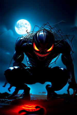 A low-angle shot captures Venom's menacing form looming in the darkness. Glowing red eyes pierce through the gloom, as razor-sharp teeth glint in the faint moonlight. A tangled spider web drapes across his head, like a macabre halo, as he crouches low to the ground, surveying the stormy Halloween night's eerie atmosphere.