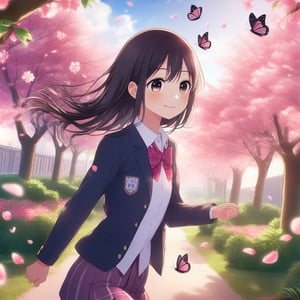 Akane Kurokawa, an anime girl in a school uniform, running through a Cherry Blossom Garden with butterflies fluttering around her. The scene is framed mid-shot, capturing her beautiful eyes looking directly at the viewer, filled with determination and wonder. The bright sky above contrasts with the delicate pink blossoms, creating a vibrant and ultra-detailed background. Her school uniform is meticulously detailed, and the garden is alive with the motion of butterflies and falling petals. The lighting is soft and natural, enhancing the serene and picturesque atmosphere.