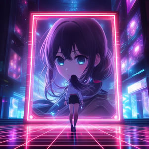 A mesmerizing space neon laser show, projecting the full growth of a girl, Akane Kurokawa, in an anime style, emerging from intricate laser beams. The scene is framed wide, capturing the dazzling display of neon lights and the detailed drawing of Akane with soft, glowing eyes. The lighting is vibrant and dynamic, enhancing the futuristic atmosphere. The composition highlights the intricate laser patterns and the lifelike projection of Akane, rendered in 8k detail.