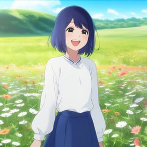 Akane Kurokawa, an anime girl wearing a white long shirt and blue skirt, standing happily on a grassy meadow filled with weeds and flowers. She smiles warmly, with a joyful expression, framed mid-shot to capture her cheerful demeanor and the vibrant surroundings. The background features a field of blooming weeds and flowers, with a soft, natural light enhancing the serene atmosphere. The composition highlights her outfit and the picturesque meadow.